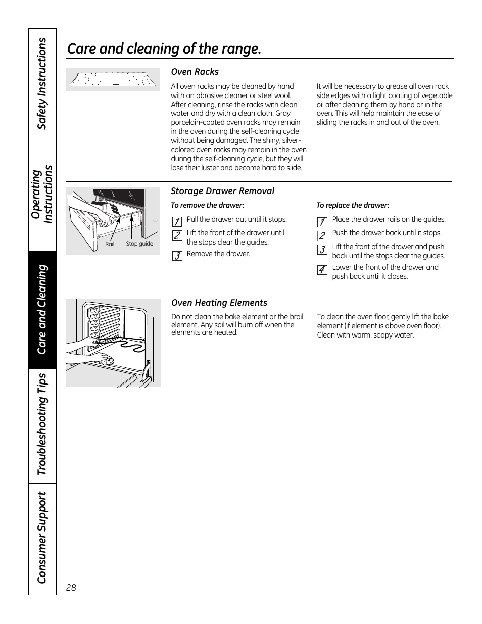 Oven heating elements, Racks, Storage drawer | Care and cleaning of the range | GE 49-80591-2 User Manual | Page 28 / 40