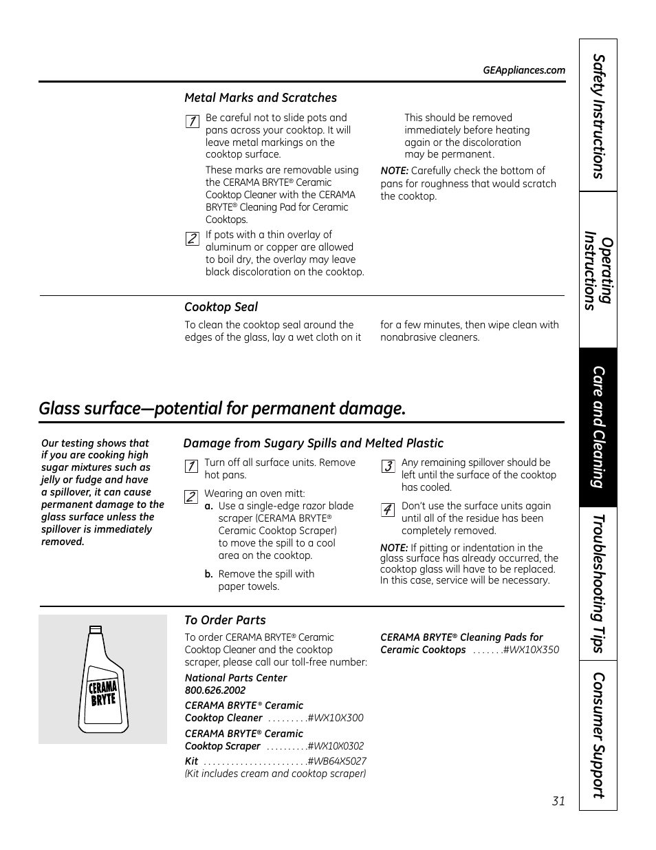 Glass surface—potential for permanent damage | GE 49-80591-2 User Manual | Page 31 / 40