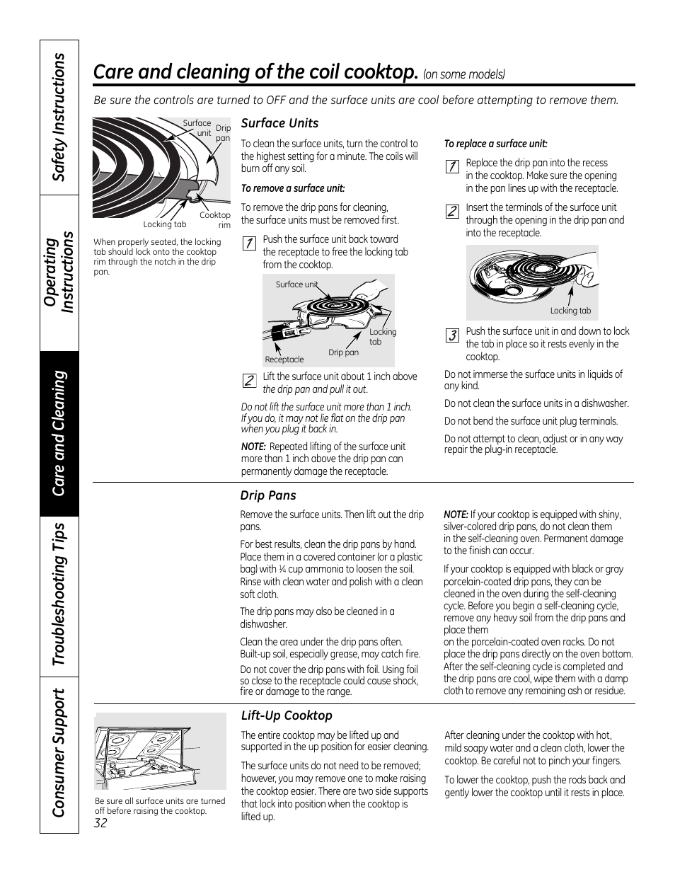 Coil surface units, Drip pans, Lift-up cooktop | Care and cleaning of the coil cooktop | GE 49-80591-2 User Manual | Page 32 / 40