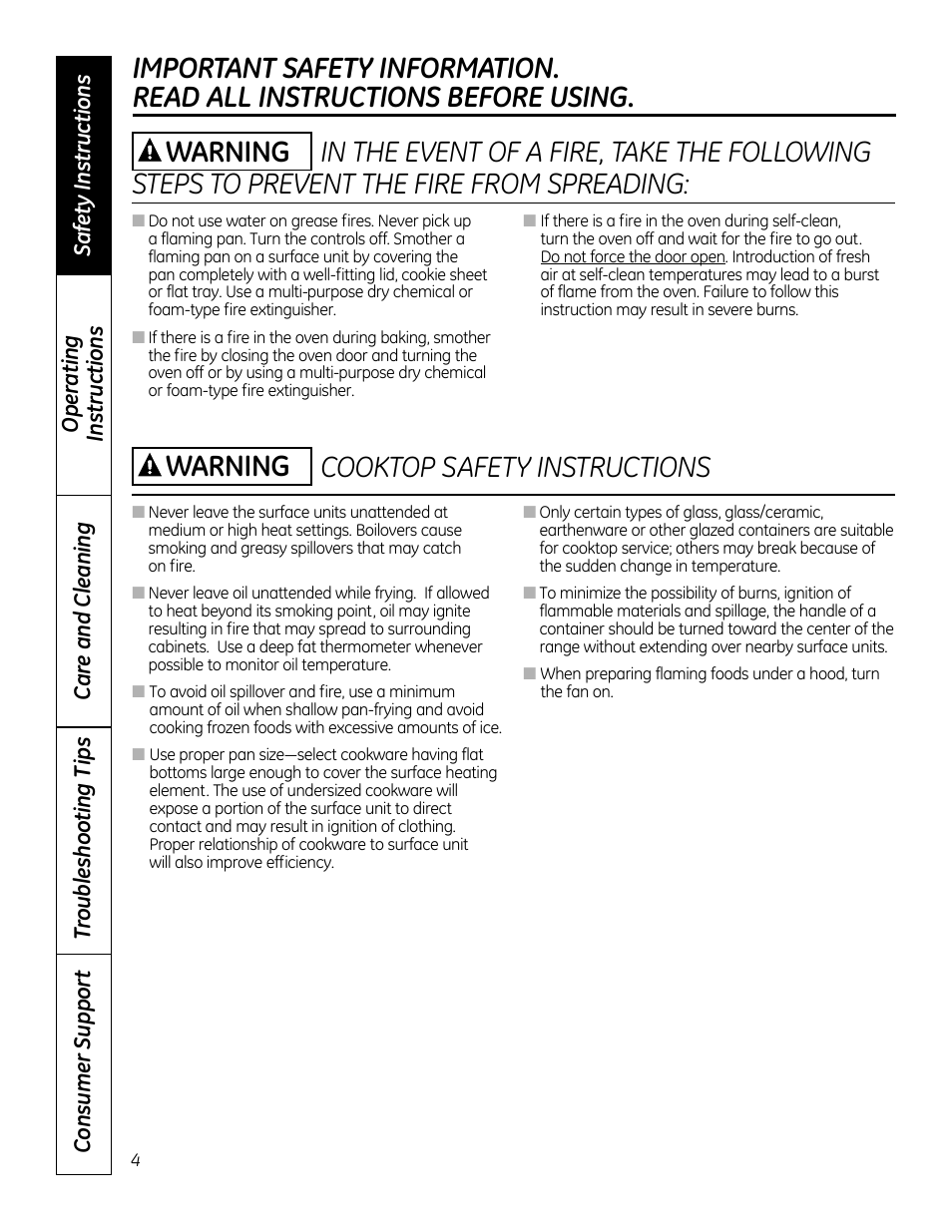 Cooktop safety instructions warning warning | GE 49-80591-2 User Manual | Page 4 / 40