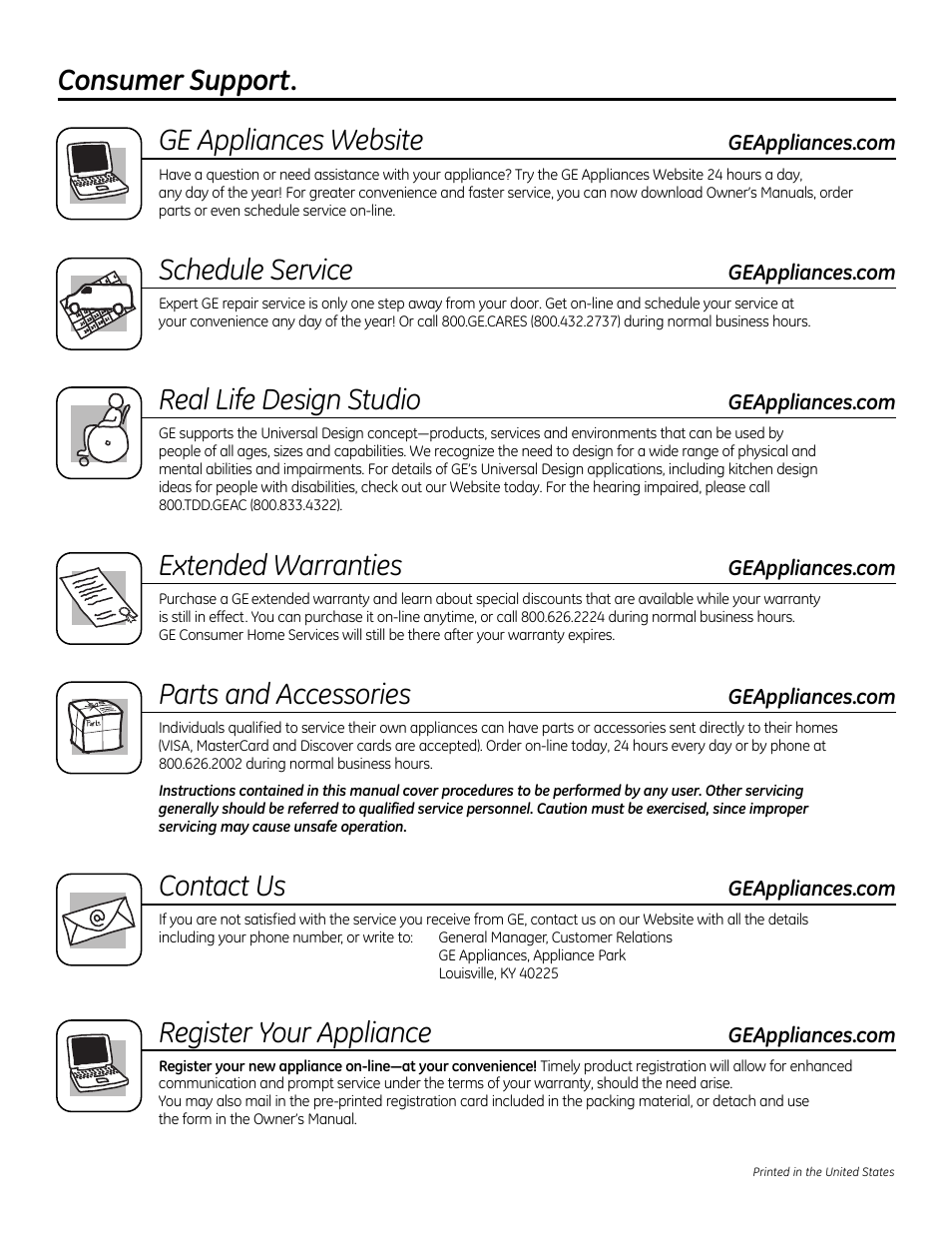 Consumer support . . . . . . back cover, Consumer support. ge appliances website, Schedule service | Real life design studio, Extended warranties, Parts and accessories, Contact us, Register your appliance | GE 49-80591-2 User Manual | Page 40 / 40