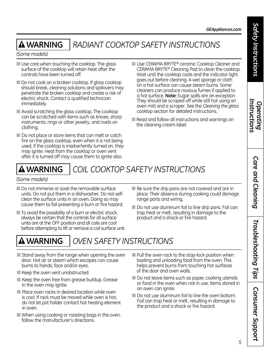 Oven safety instructions, Radiant cooktop safety instructions, Coil cooktop safety instructions | Warning | GE 49-80591-2 User Manual | Page 5 / 40