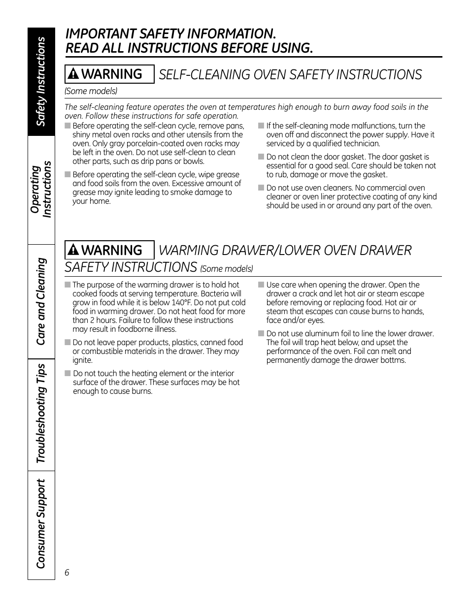 Self-cleaning oven safety instructions, Warning | GE 49-80591-2 User Manual | Page 6 / 40