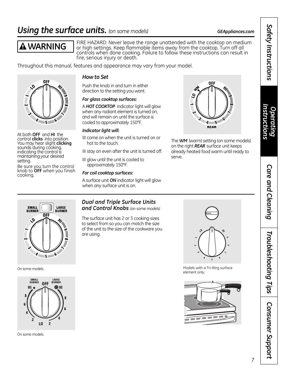 Surface units –10, Using the surface units, Warning | GE 49-80591-2 User Manual | Page 7 / 40