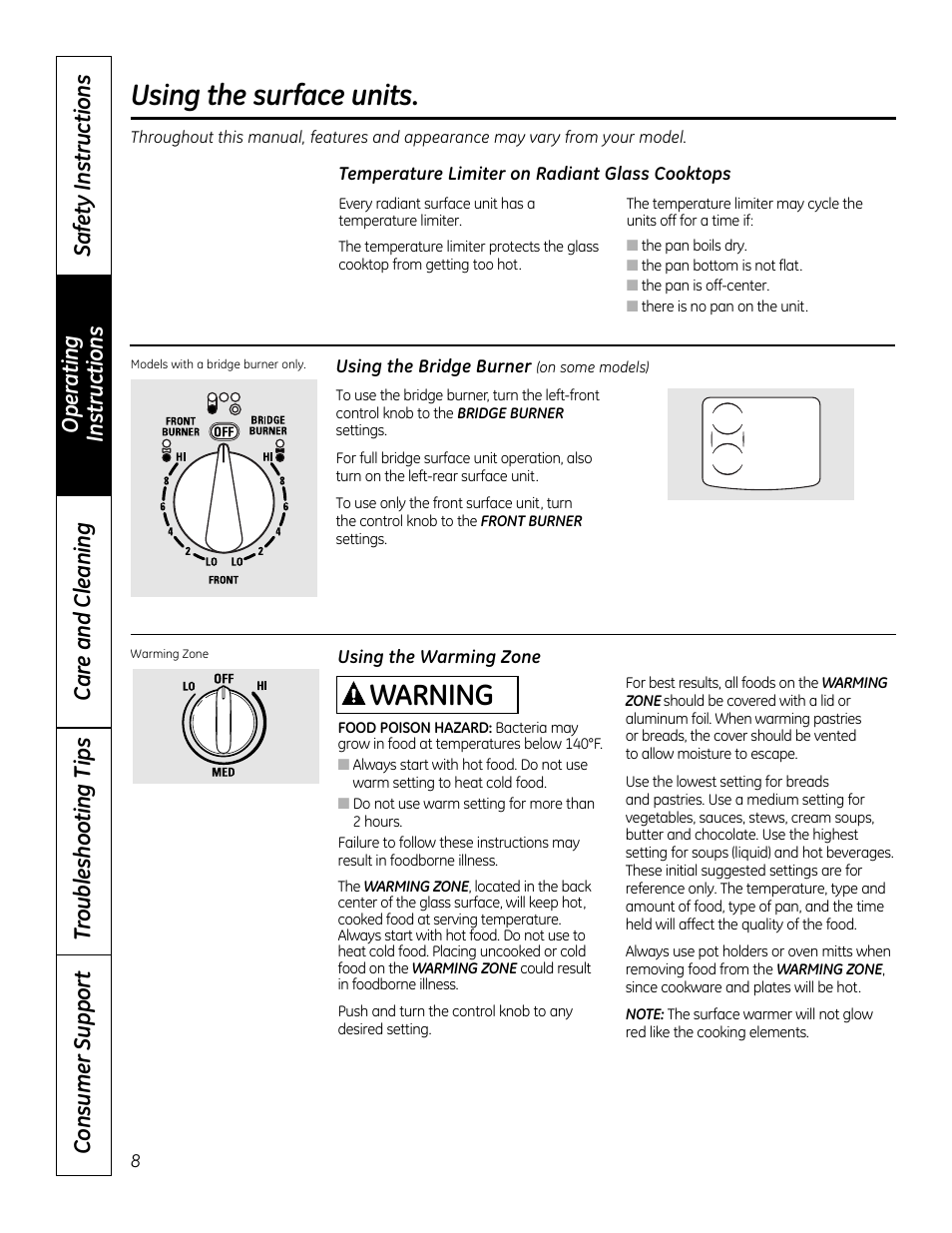 Using the surface units, Warning | GE 49-80591-2 User Manual | Page 8 / 40