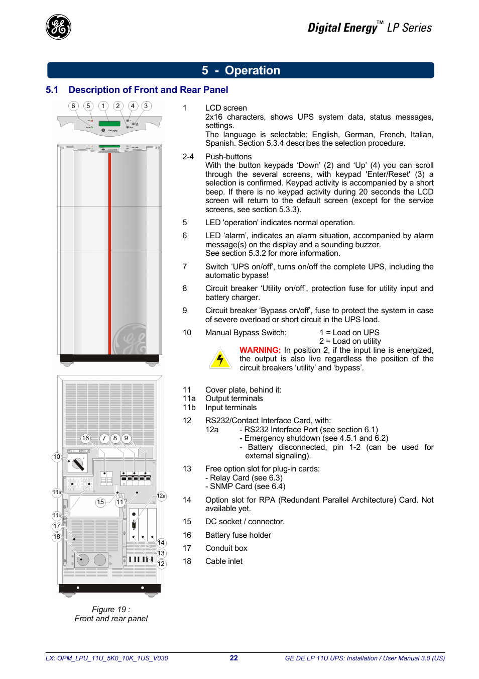 Digital energy, Lp series, 5 - operation | 1 description of front and rear panel | GE Industrial Solutions LP11U 5-10kVA User Manual | Page 24 / 48