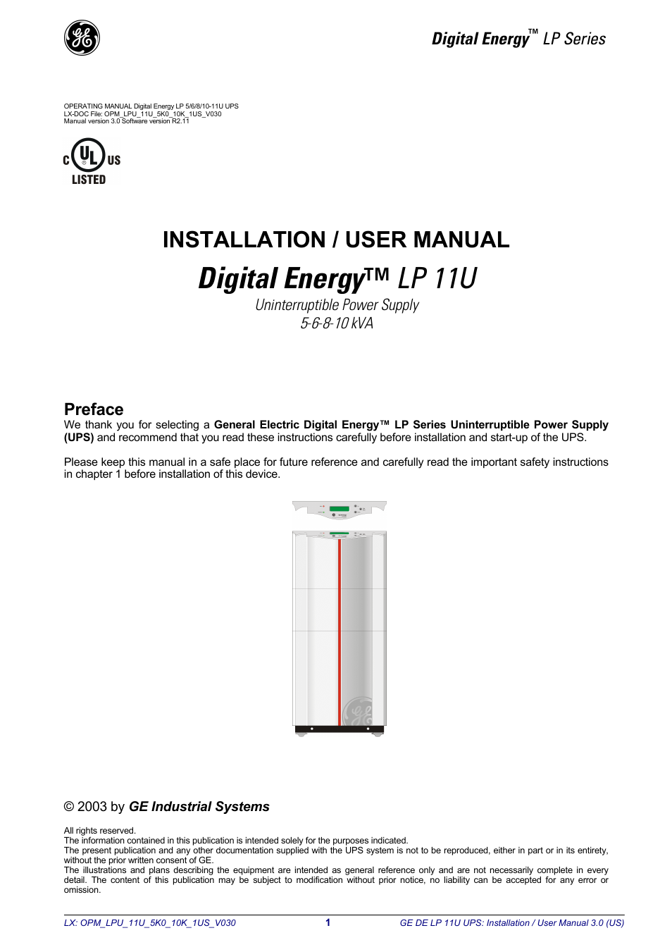 Digital energy™ lp 11u, Installation / user manual, Digital energy | Lp series, Preface | GE Industrial Solutions LP11U 5-10kVA User Manual | Page 3 / 48