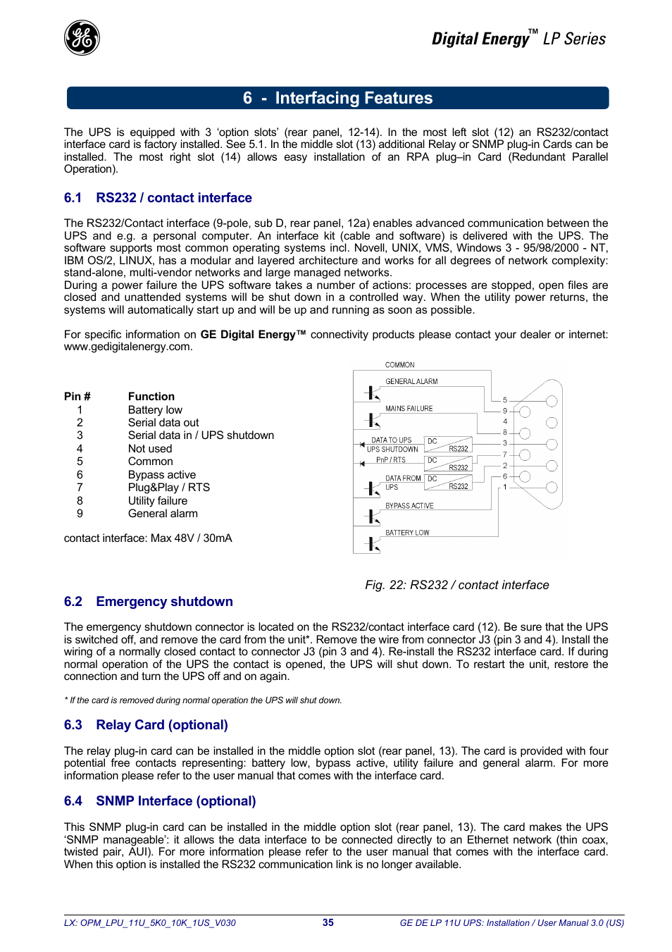 Digital energy, Lp series, 6 - interfacing features | GE Industrial Solutions LP11U 5-10kVA User Manual | Page 37 / 48