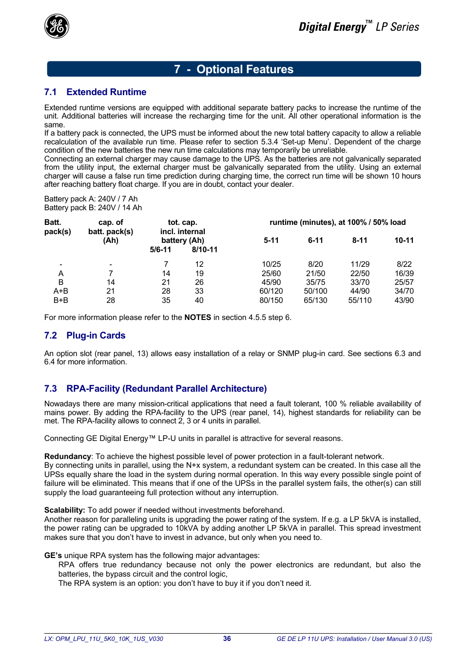 Digital energy, Lp series, 7 - optional features | GE Industrial Solutions LP11U 5-10kVA User Manual | Page 38 / 48
