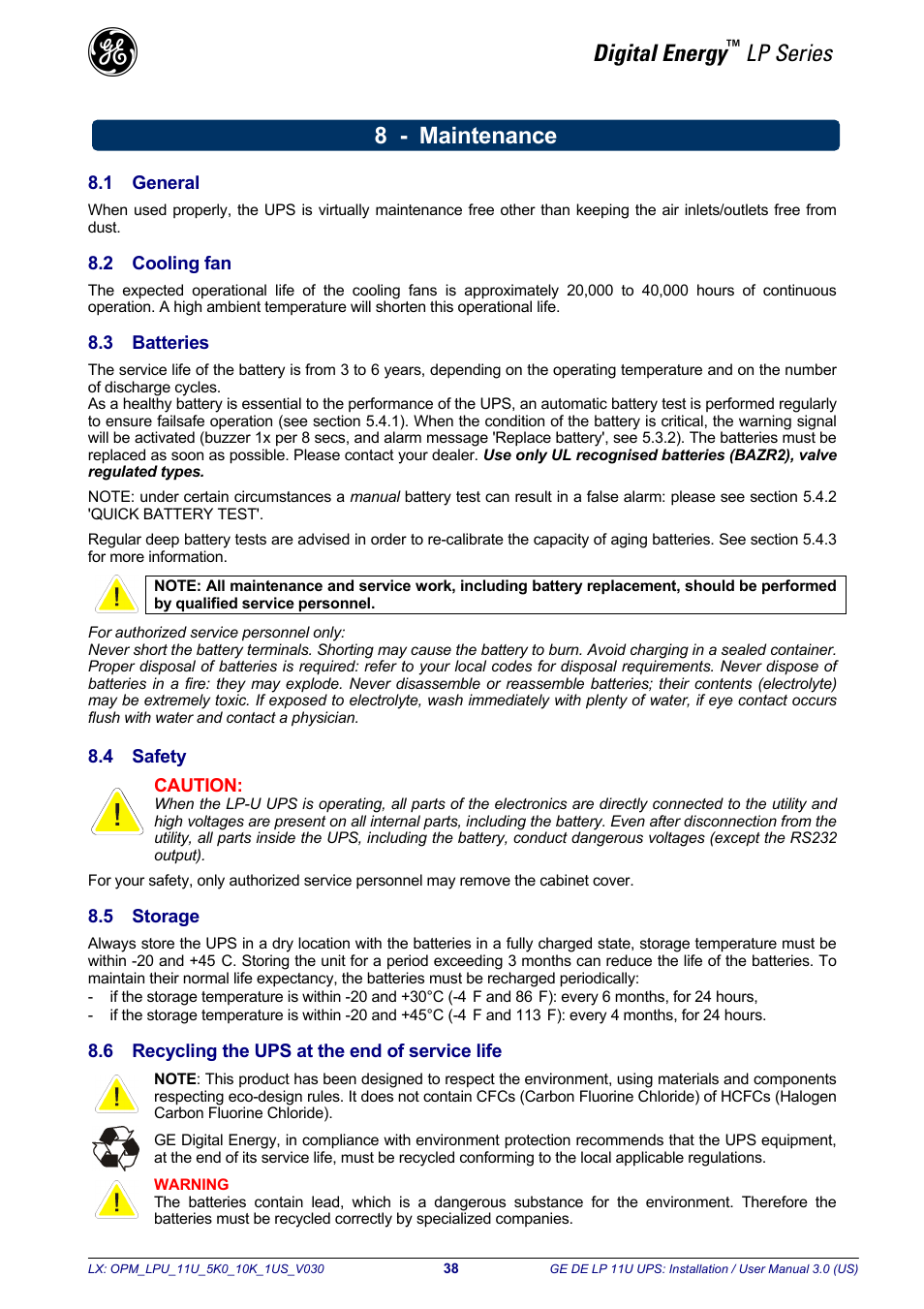 Digital energy, Lp series, 8 - maintenance | GE Industrial Solutions LP11U 5-10kVA User Manual | Page 40 / 48