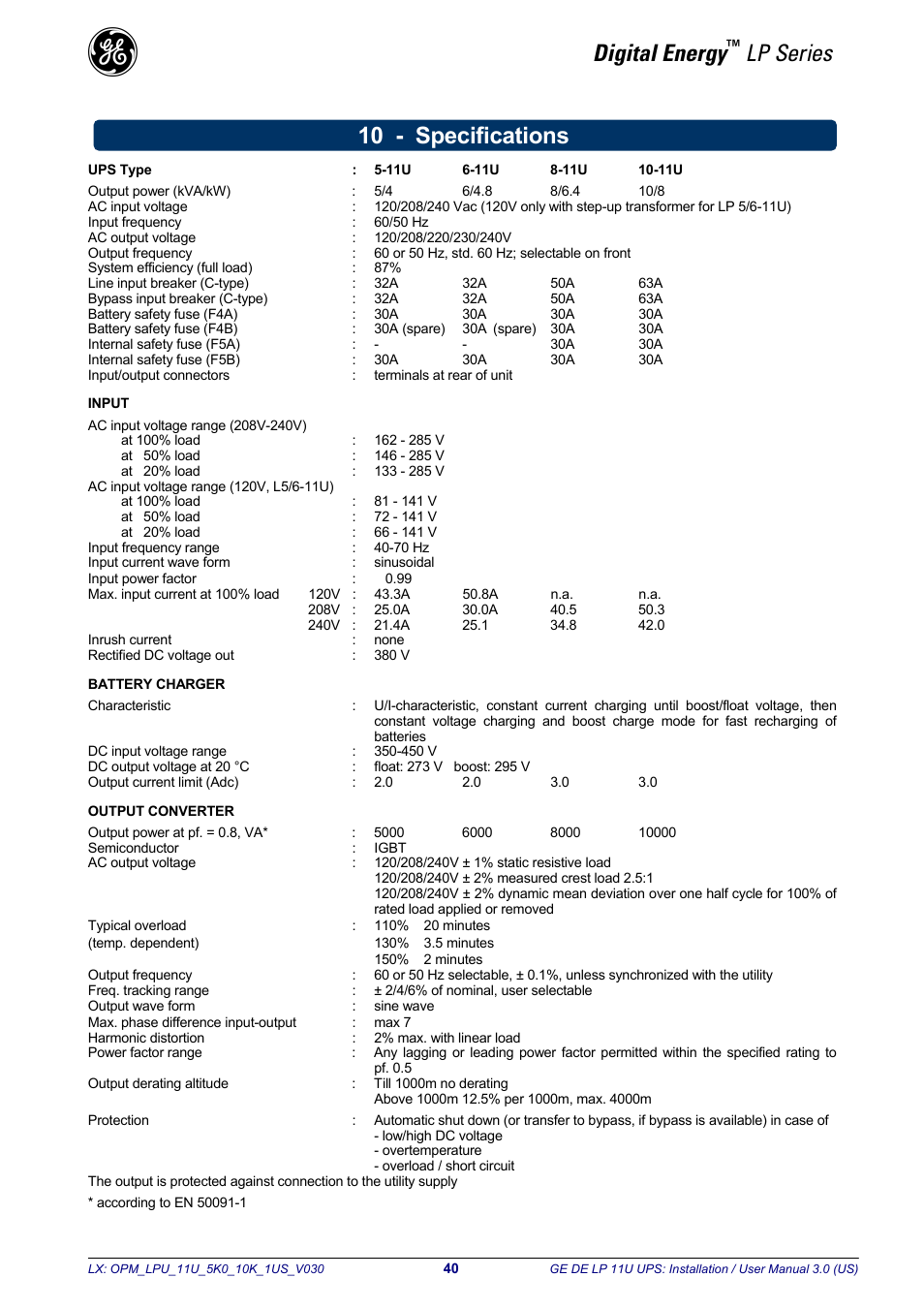 Digital energy, Lp series, 10 - specifications | GE Industrial Solutions LP11U 5-10kVA User Manual | Page 42 / 48