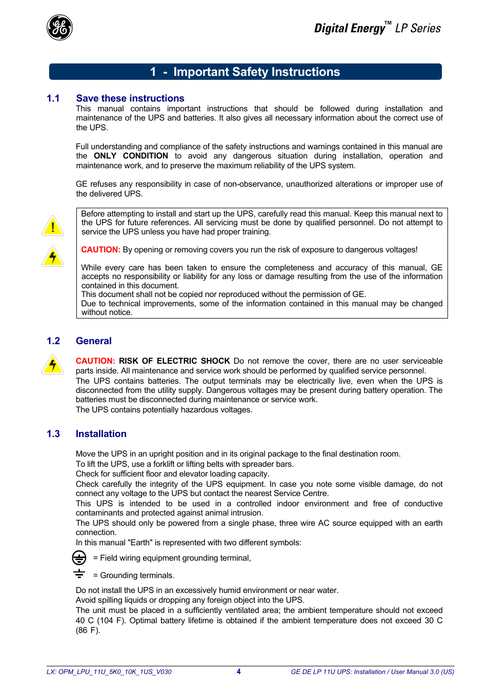 Digital energy, Lp series, 1 - important safety instructions | GE Industrial Solutions LP11U 5-10kVA User Manual | Page 6 / 48