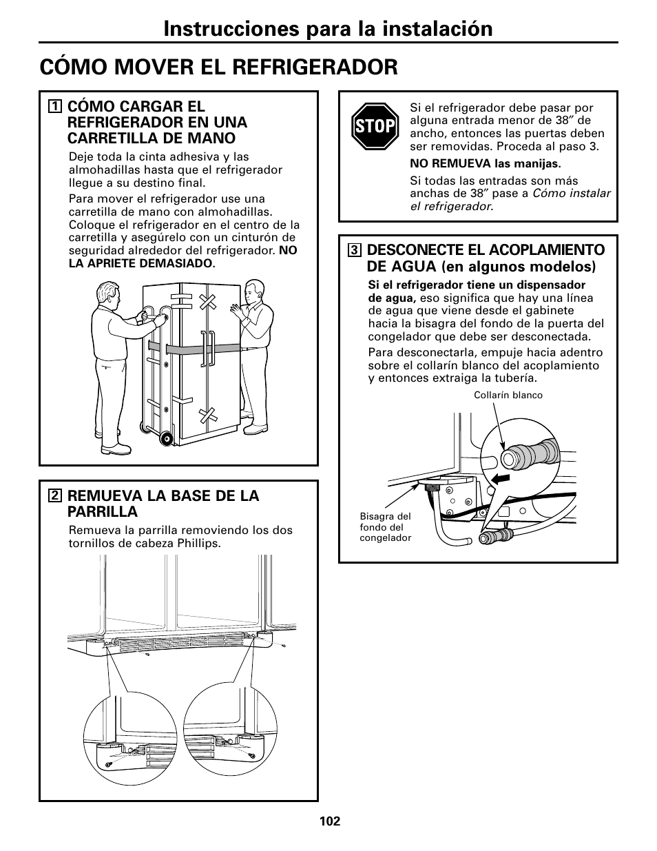 Cómo mover el refrigerador, Cómo mover el refrigerador –105, Instrucciones para la instalación | GE 200D2600P043 User Manual | Page 102 / 124