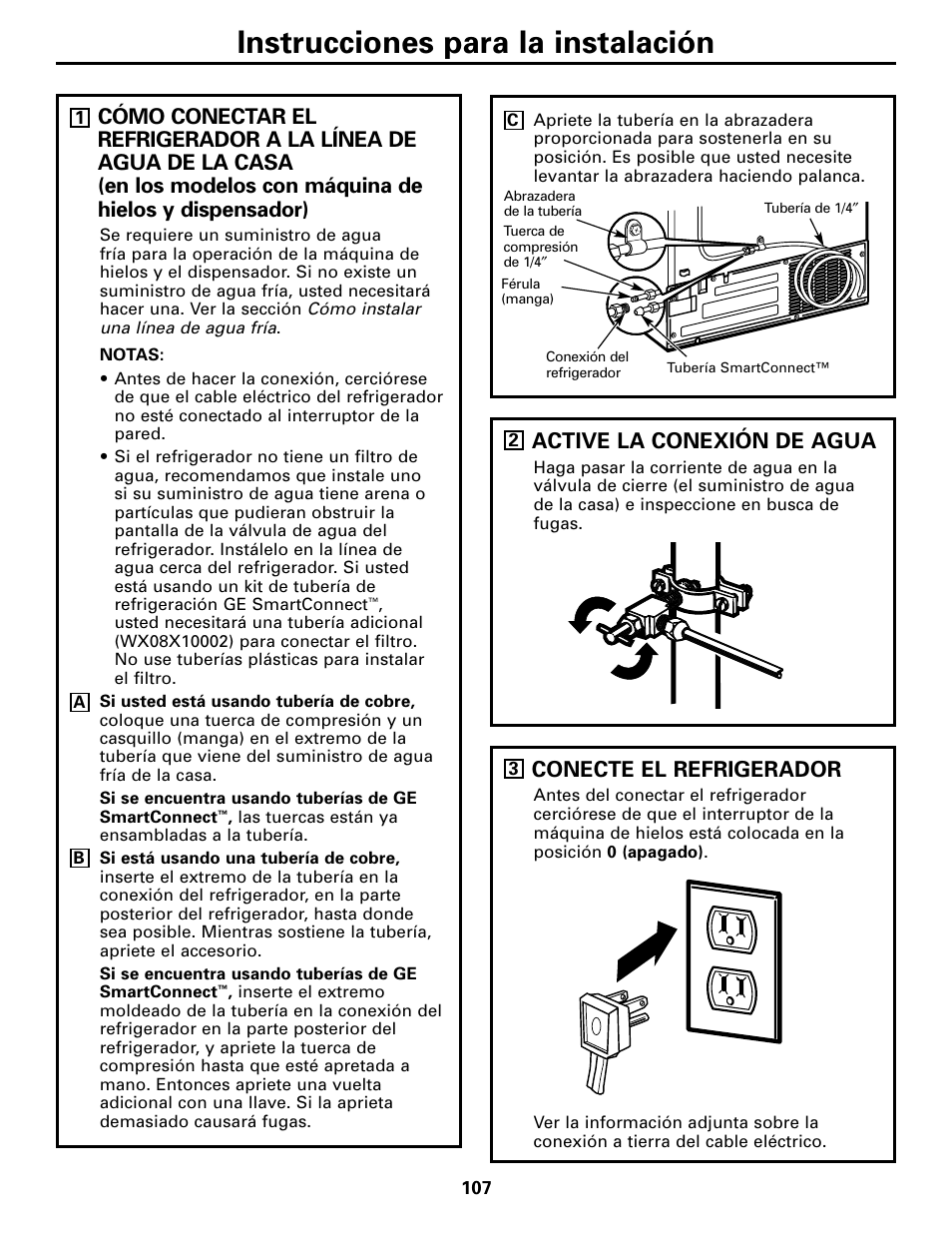 Instrucciones para la instalación, Active la conexión de agua, Conecte el refrigerador | GE 200D2600P043 User Manual | Page 107 / 124