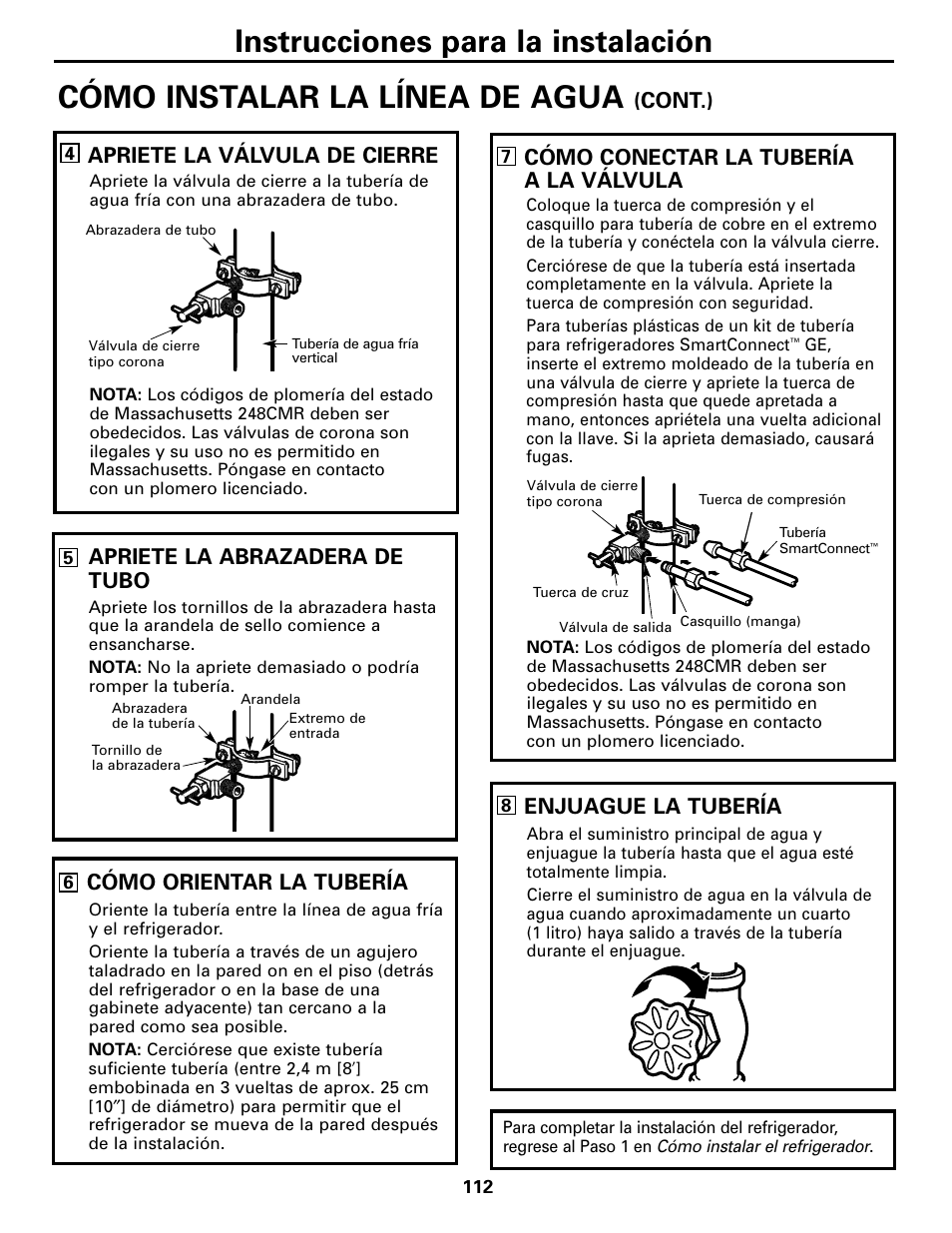 Cómo instalar la línea de agua, Instrucciones para la instalación, Cómo conectar la tubería a la válvula | Enjuague la tubería, Cont.), Apriete la válvula de cierre, Apriete la abrazadera de tubo, Cómo orientar la tubería | GE 200D2600P043 User Manual | Page 112 / 124