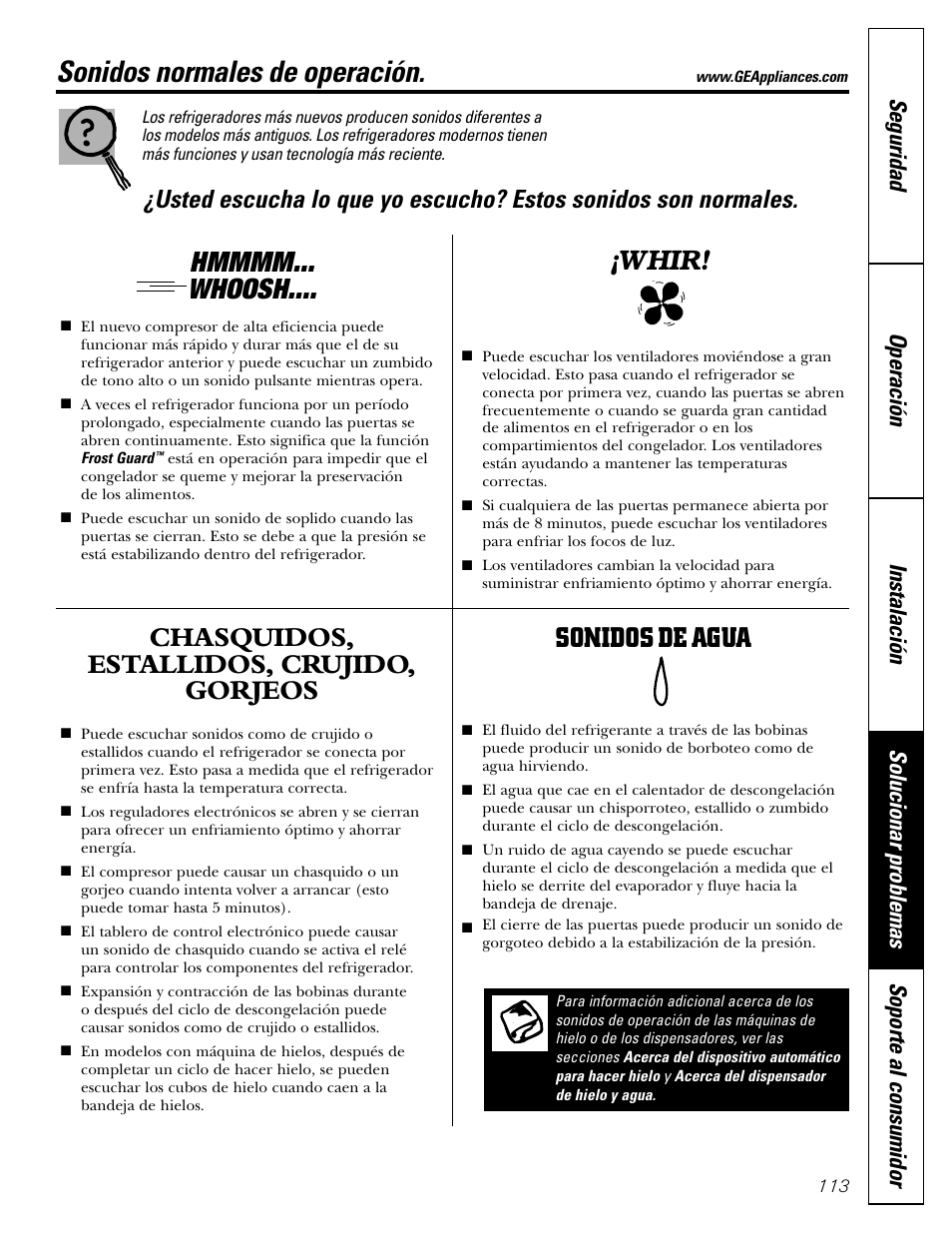 Solucionar problemas, Sonidos normales de la operación, Sonidos normales de operación | Chasquidos, estallidos, crujido, gorjeos, Sonidos de agua, Whir | GE 200D2600P043 User Manual | Page 113 / 124