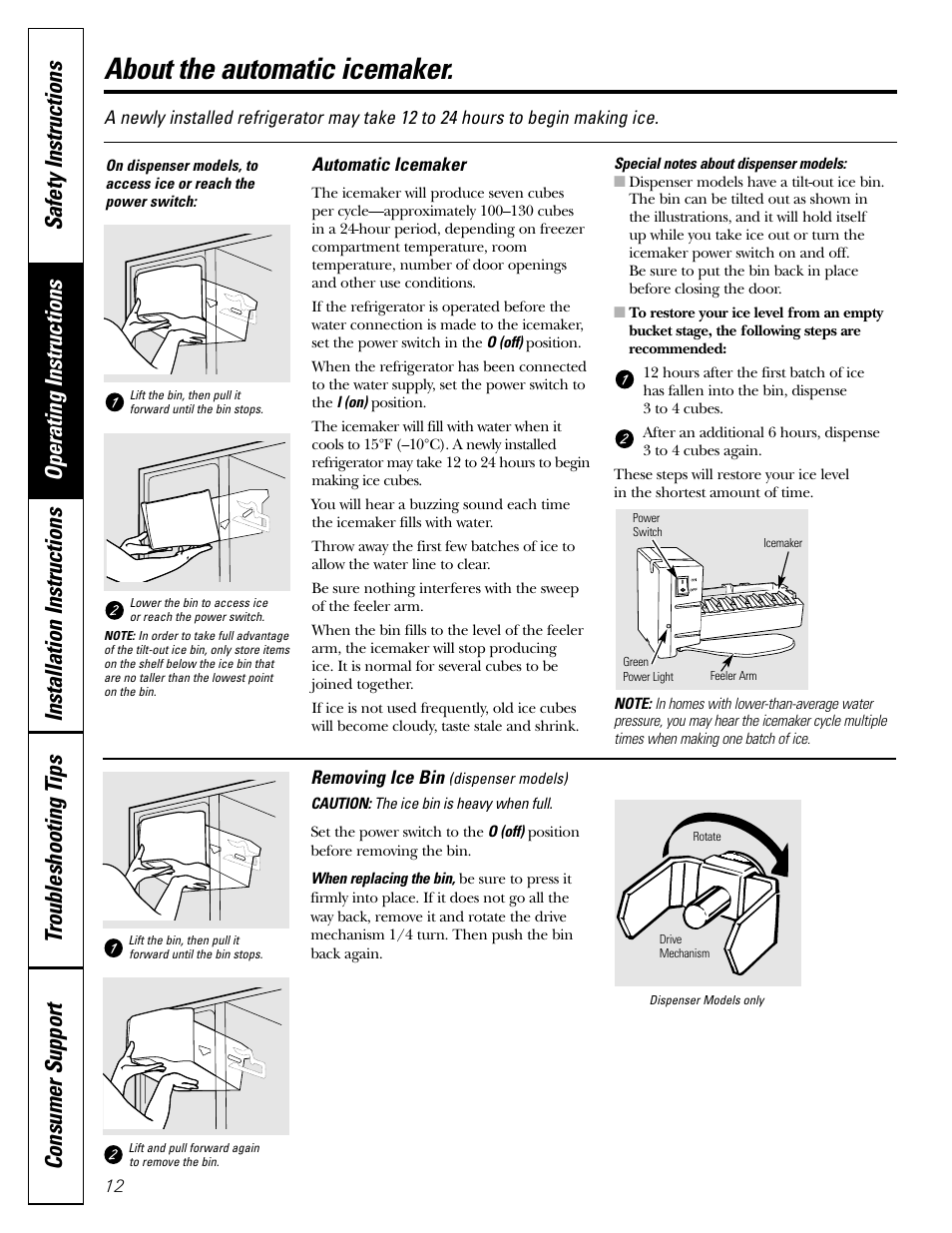 Automatic icemaker, About the automatic icemaker | GE 200D2600P043 User Manual | Page 12 / 124