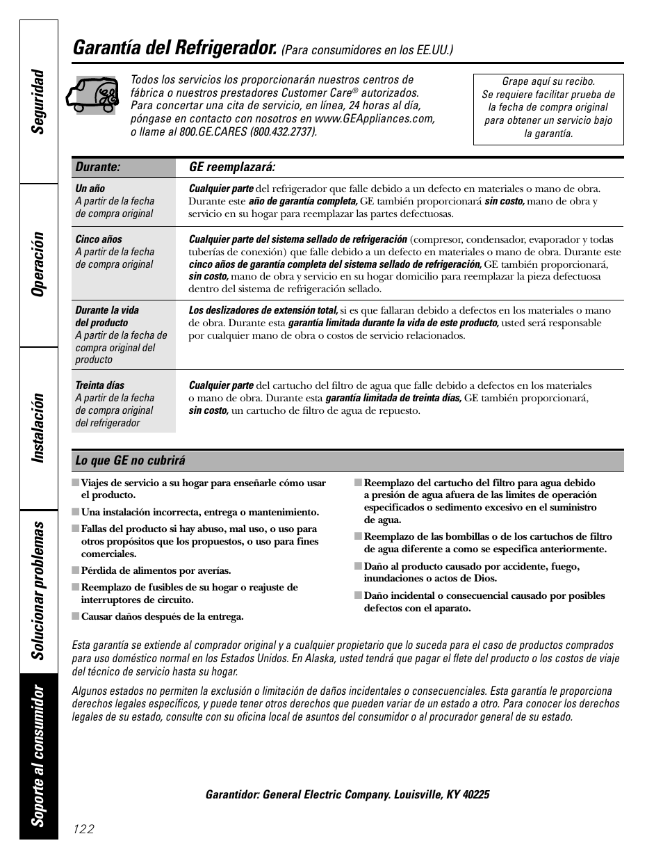 Garantía para consumidores en los estados unidos, Garantía del refrigerador | GE 200D2600P043 User Manual | Page 122 / 124