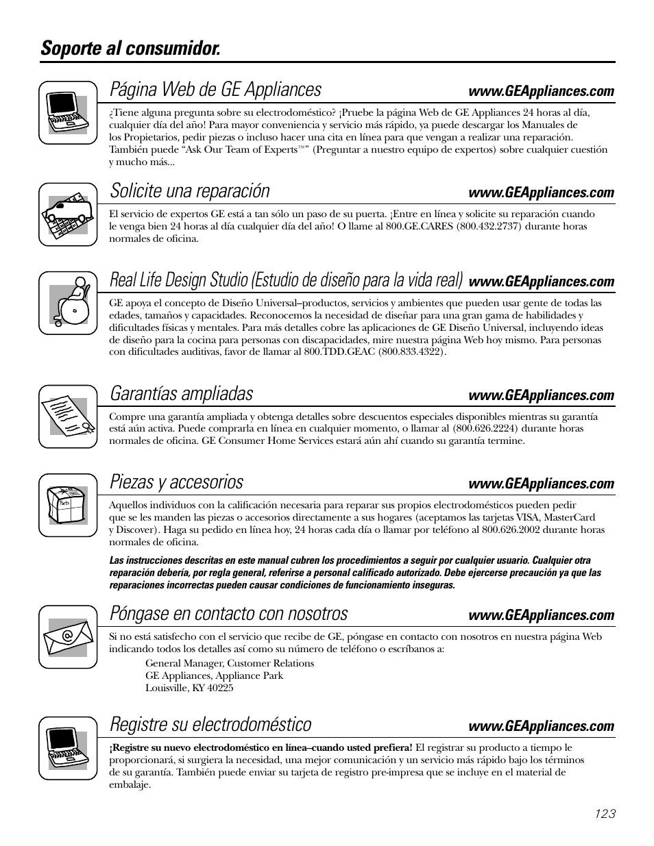 Soporte al consumidor, Soporte al consumidor. página web de ge appliances, Solicite una reparación | Garantías ampliadas, Piezas y accesorios, Póngase en contacto con nosotros, Registre su electrodoméstico | GE 200D2600P043 User Manual | Page 123 / 124