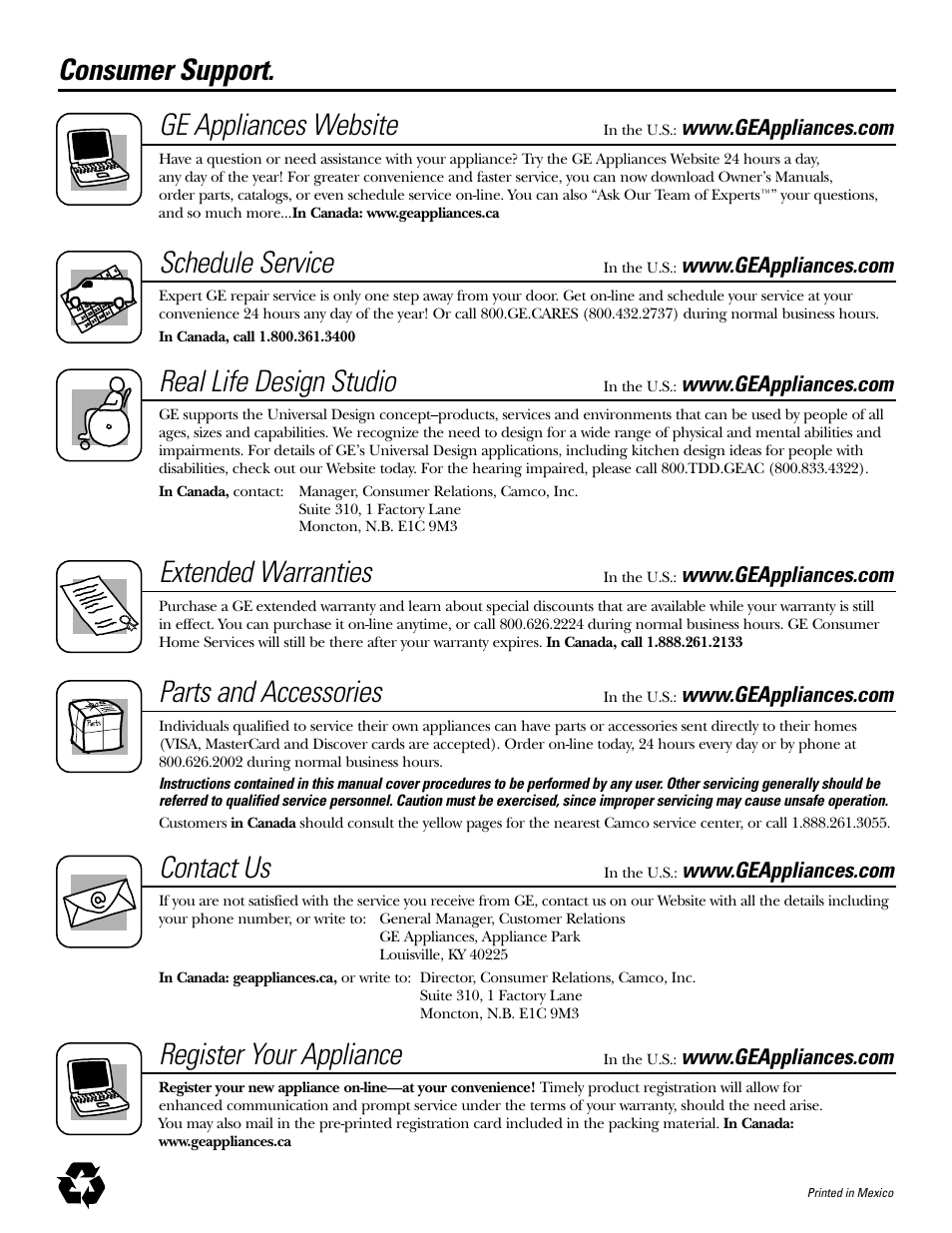 Consumer support, Consumer support . . . . .back cover, Consumer support. ge appliances website | Schedule service, Real life design studio, Extended warranties, Parts and accessories, Contact us, Register your appliance | GE 200D2600P043 User Manual | Page 124 / 124