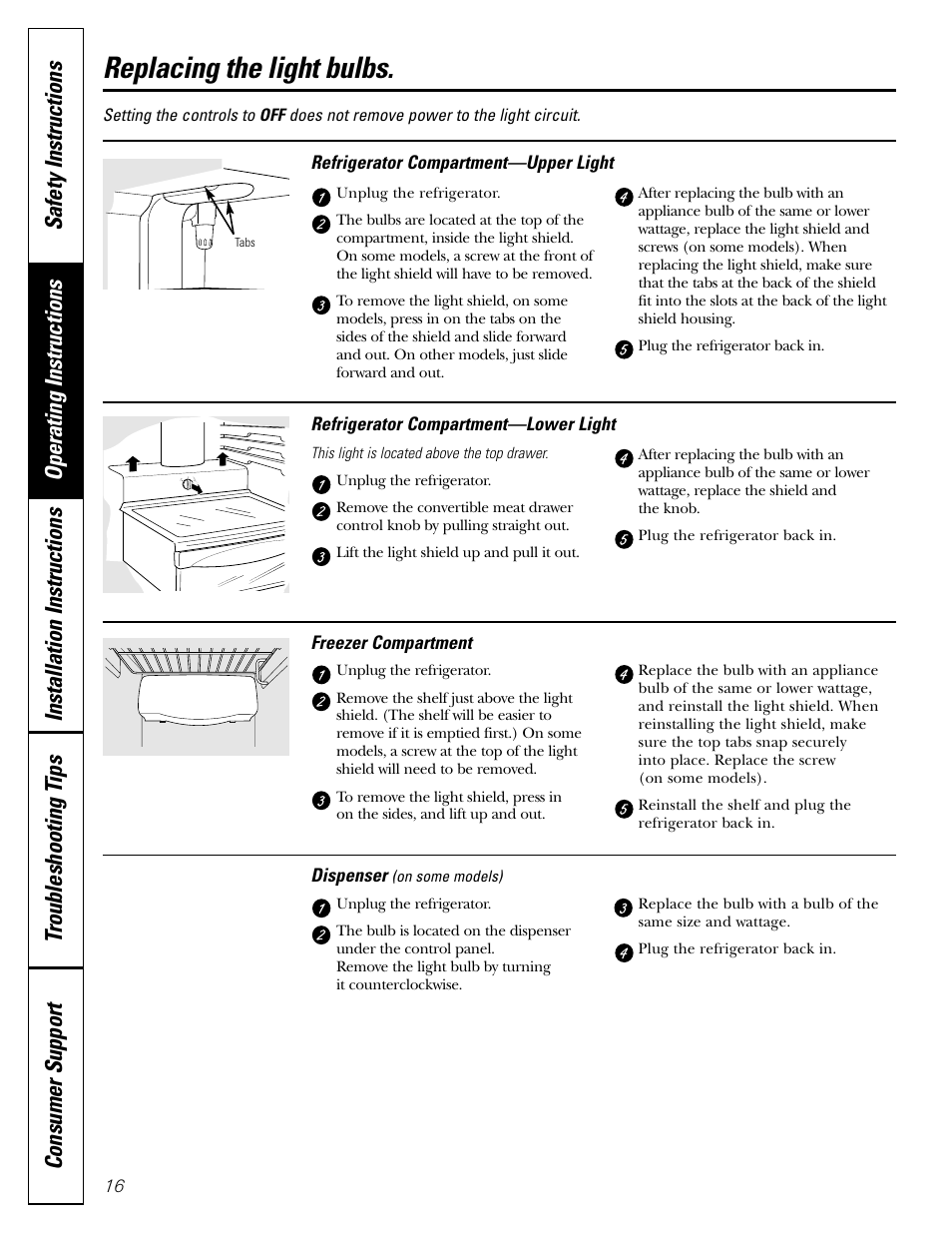 Replacing the light bulbs | GE 200D2600P043 User Manual | Page 16 / 124