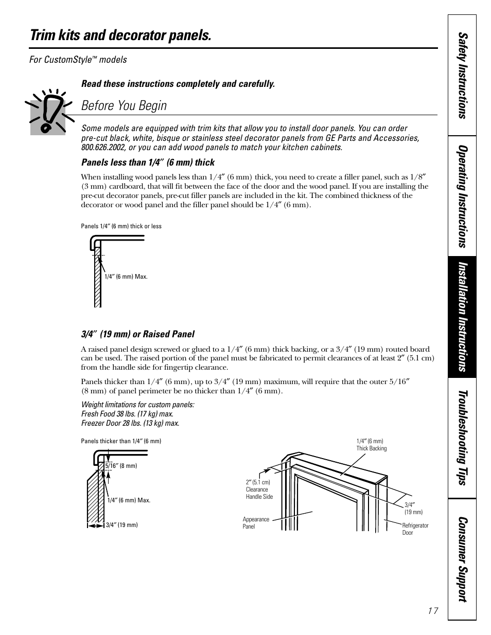 Trim kits and panels, Trim kits and panels –20, Trim kits and decorator panels | Before you begin | GE 200D2600P043 User Manual | Page 17 / 124