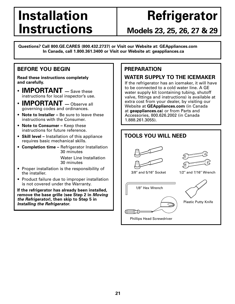 Preparing to install the refrigerator, Installation refrigerator instructions, Important | GE 200D2600P043 User Manual | Page 21 / 124