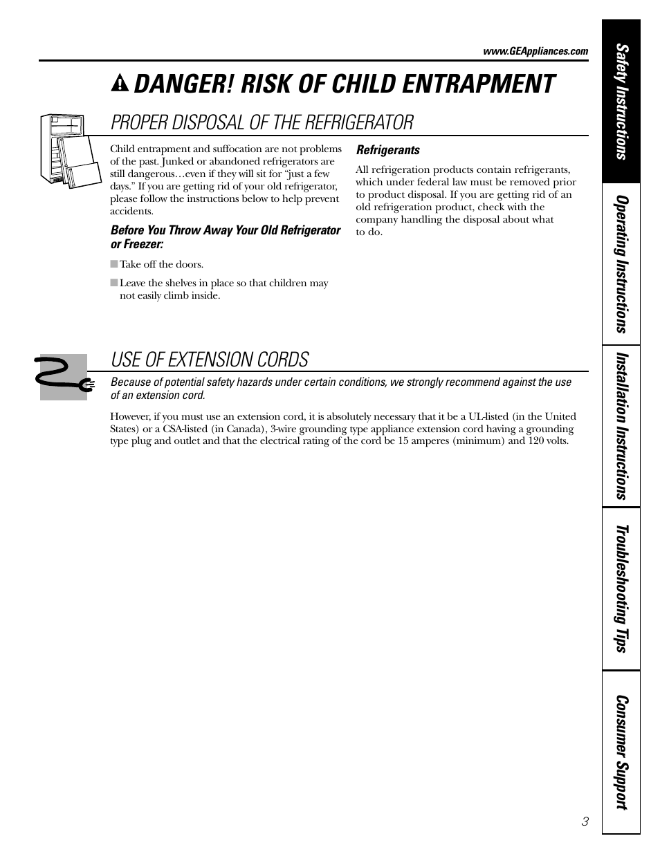 Danger! risk of child entrapment, Proper disposal of the refrigerator, Use of extension cords | GE 200D2600P043 User Manual | Page 3 / 124