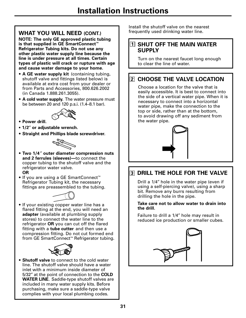 Installation instructions, What you will need, Shut off the main water supply | Choose the valve location, Drill the hole for the valve | GE 200D2600P043 User Manual | Page 31 / 124