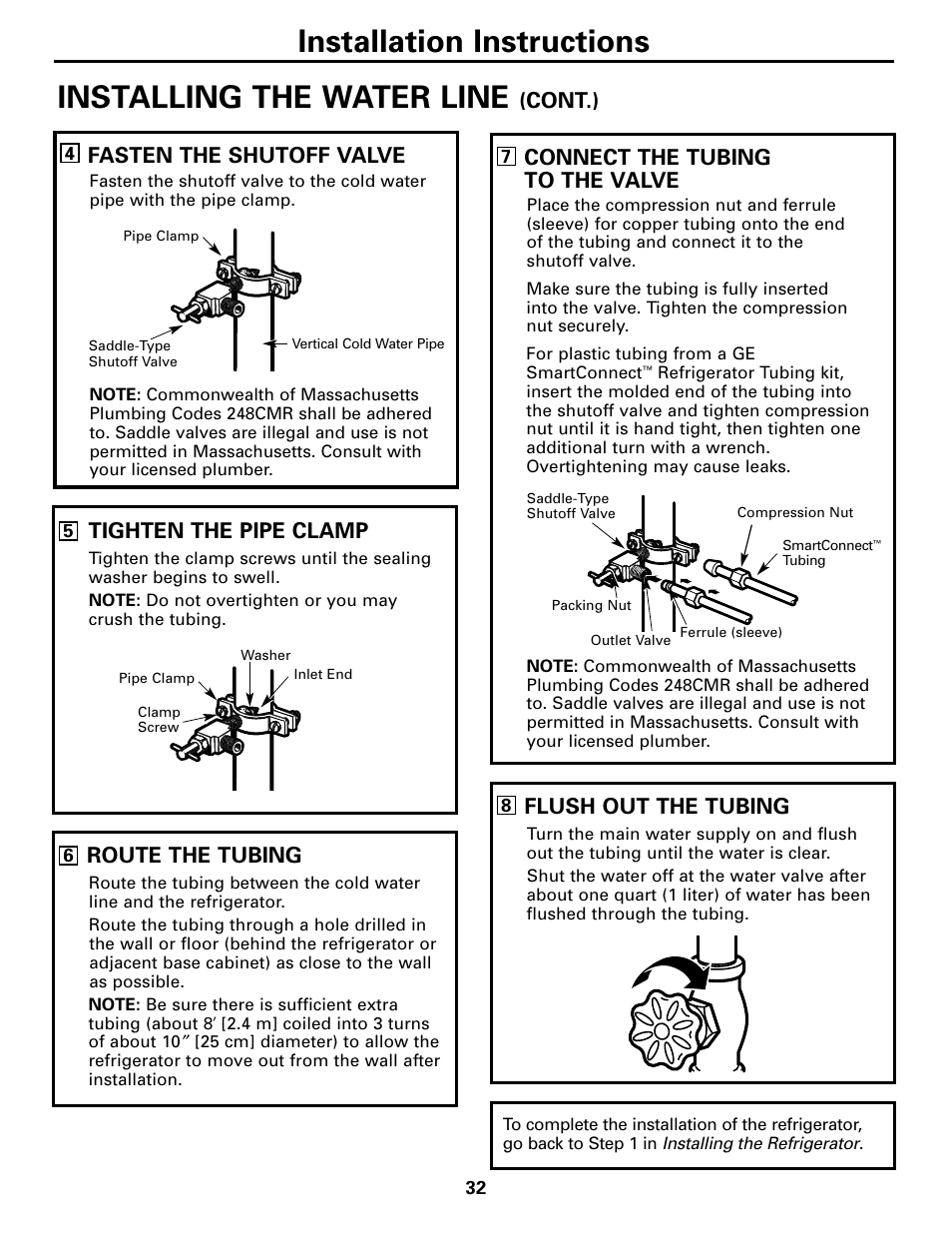 Installing the water line, Installation instructions, Connect the tubing to the valve | Flush out the tubing, Cont.), Fasten the shutoff valve, Tighten the pipe clamp, Route the tubing | GE 200D2600P043 User Manual | Page 32 / 124