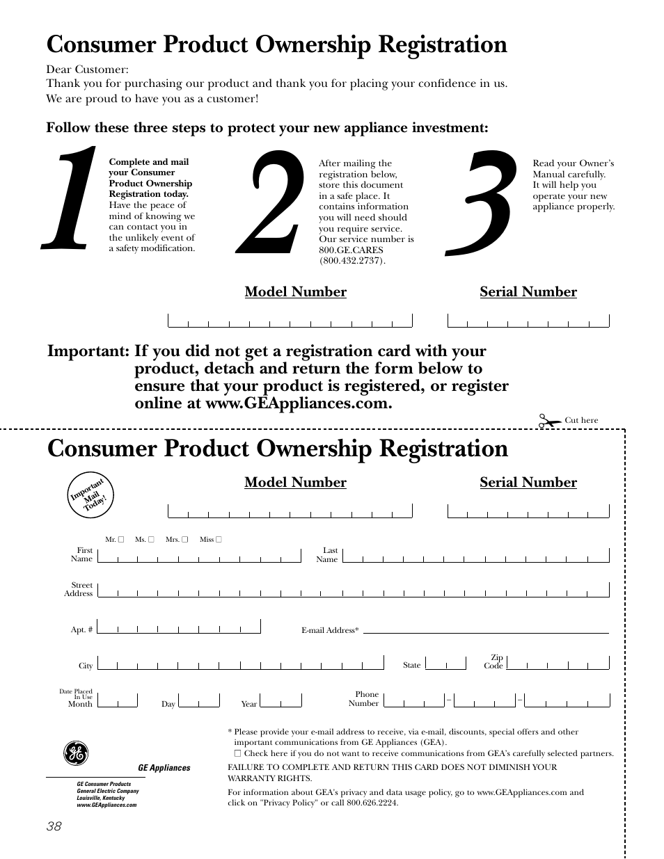 Consumer product ownership registration, Model number serial number | GE 200D2600P043 User Manual | Page 38 / 124