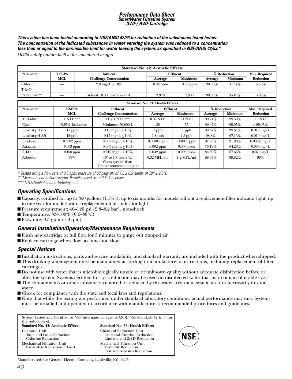 Performance data sheet, Operating specifications, Special notices | GE 200D2600P043 User Manual | Page 40 / 124