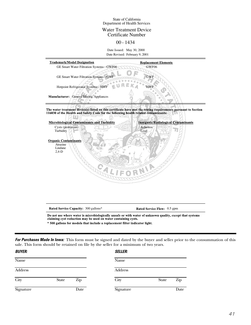 Water treatment device certificate number | GE 200D2600P043 User Manual | Page 41 / 124