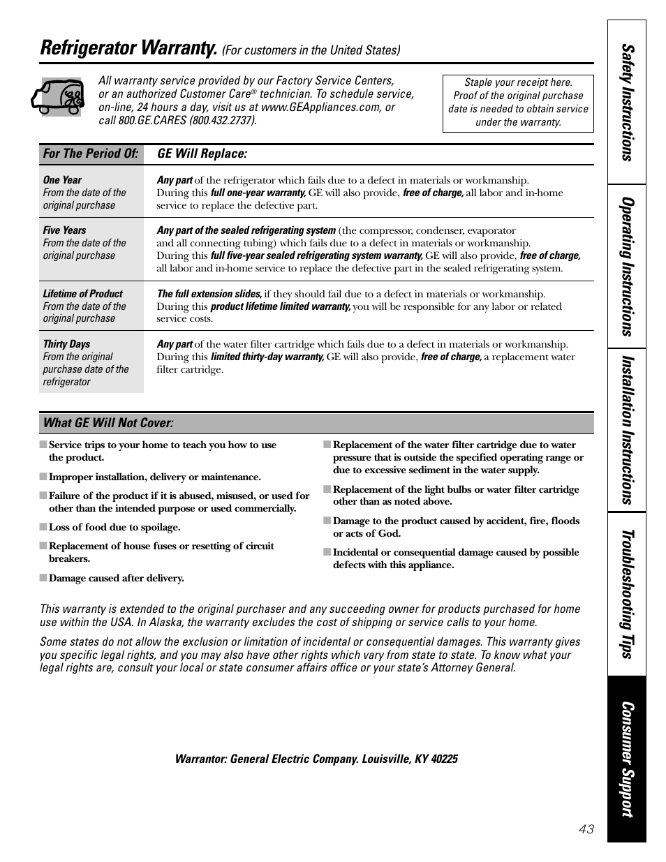 Warranty (u.s.), Refrigerator warranty | GE 200D2600P043 User Manual | Page 43 / 124