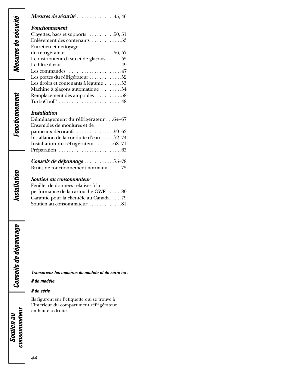 French table of contents, Fonctionnement, Installation | Soutien au consommateur | GE 200D2600P043 User Manual | Page 44 / 124