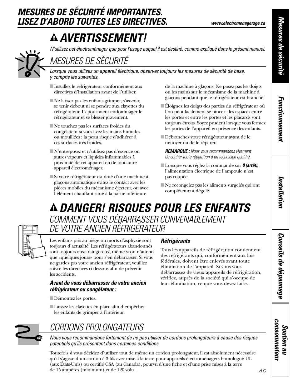 Mesures de sécurité, Avertissement, Danger! risques pour les enfants | Cordons prolongateurs | GE 200D2600P043 User Manual | Page 45 / 124