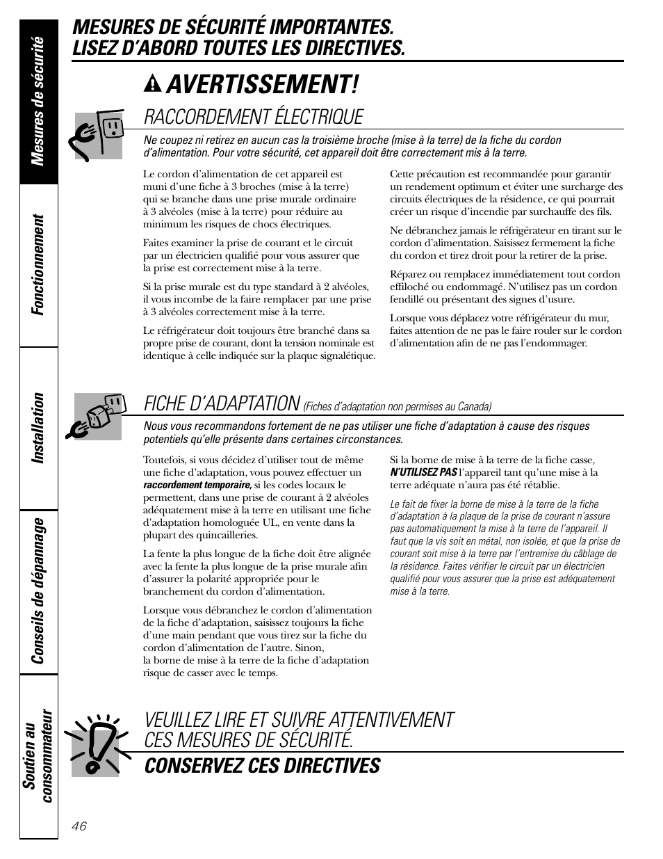 Avertissement, Raccordement électrique, Fiche d’adaptation | GE 200D2600P043 User Manual | Page 46 / 124