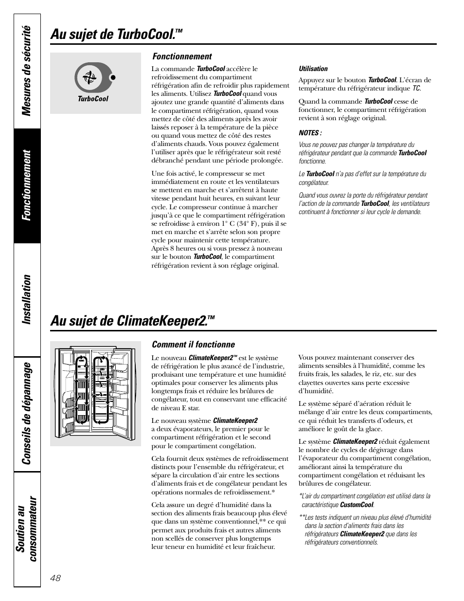 Turbocool, Au sujet de turbocool, Au sujet de climatekeeper2 | GE 200D2600P043 User Manual | Page 48 / 124