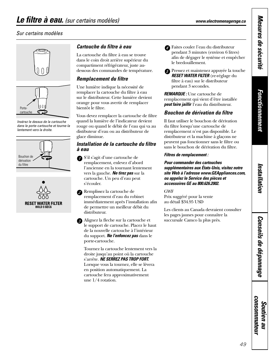 Le filtre à eau | GE 200D2600P043 User Manual | Page 49 / 124
