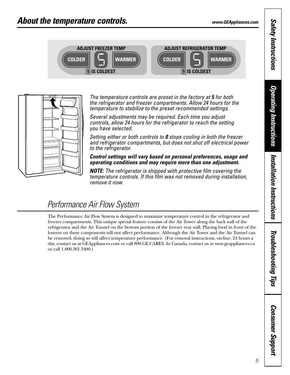 Temperature controls, About the temperature controls, Performance air flow system | GE 200D2600P043 User Manual | Page 5 / 124