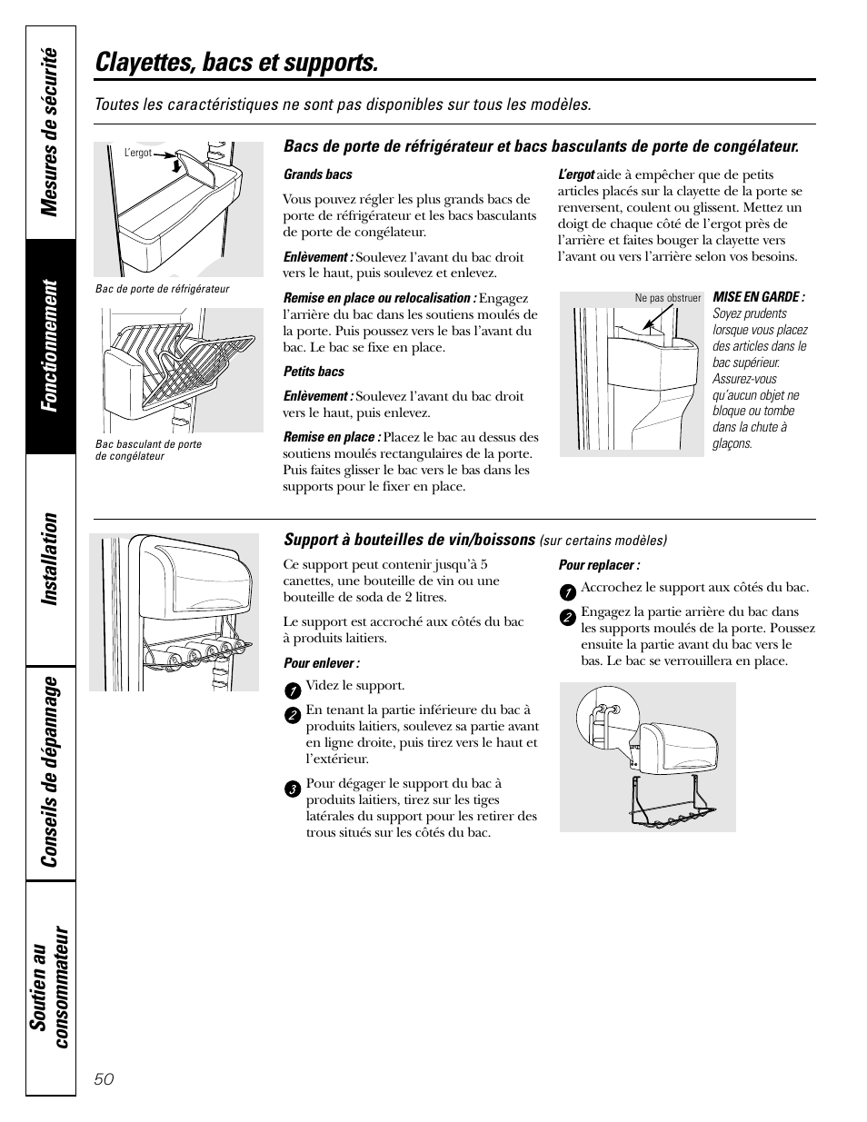 Clayettes, bacs et supports, Clayettes, bacs et supports , 51 | GE 200D2600P043 User Manual | Page 50 / 124