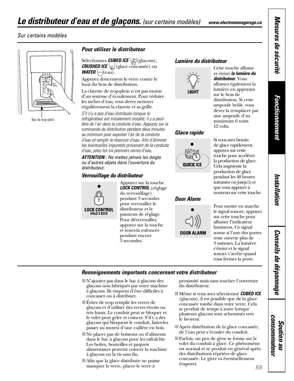 Le distributeur d’eau et de glaçons | GE 200D2600P043 User Manual | Page 55 / 124