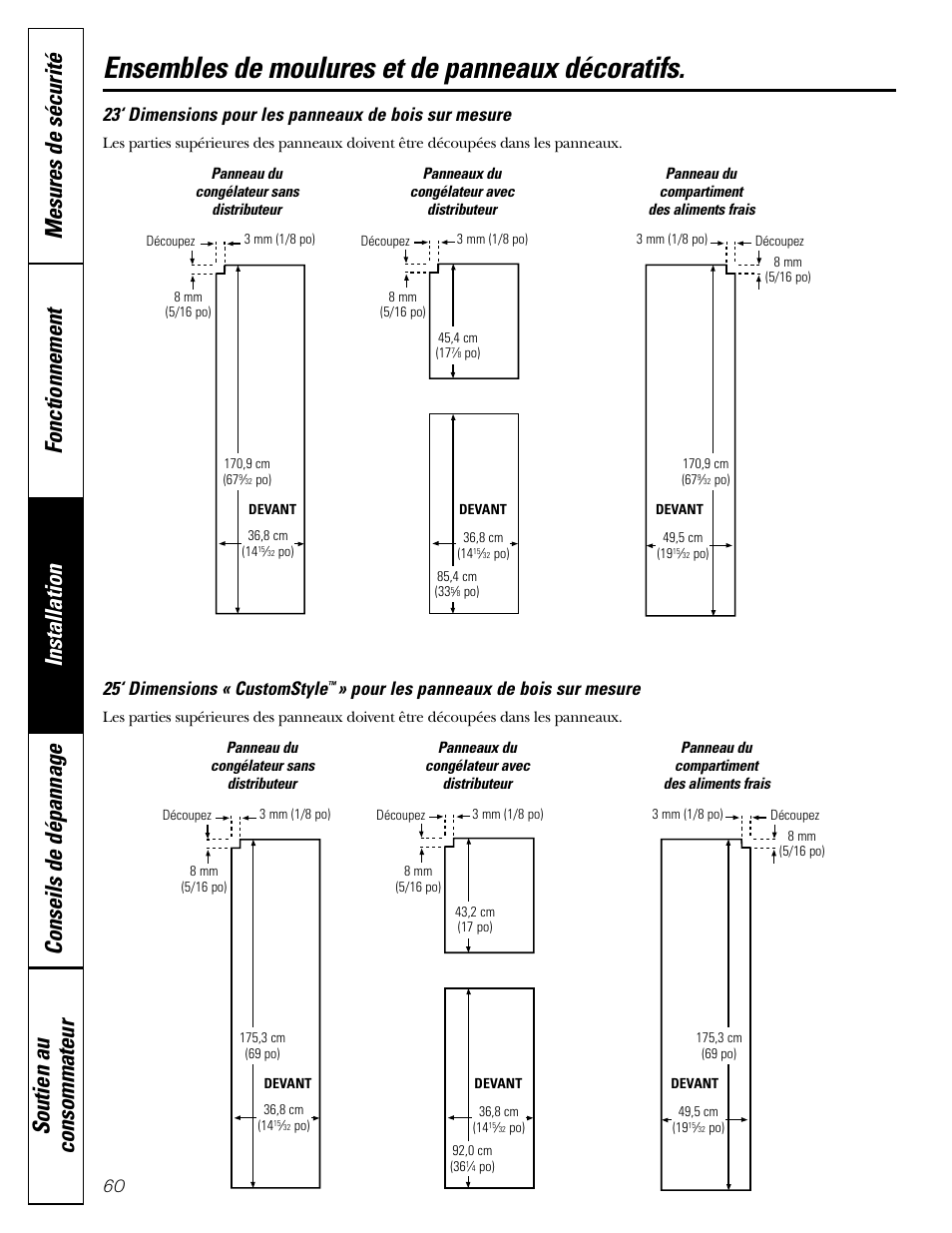 Ensembles de moulures et de panneaux décoratifs, 25‘ dimensions « customstyle, Pour les panneaux de bois sur mesure | GE 200D2600P043 User Manual | Page 60 / 124