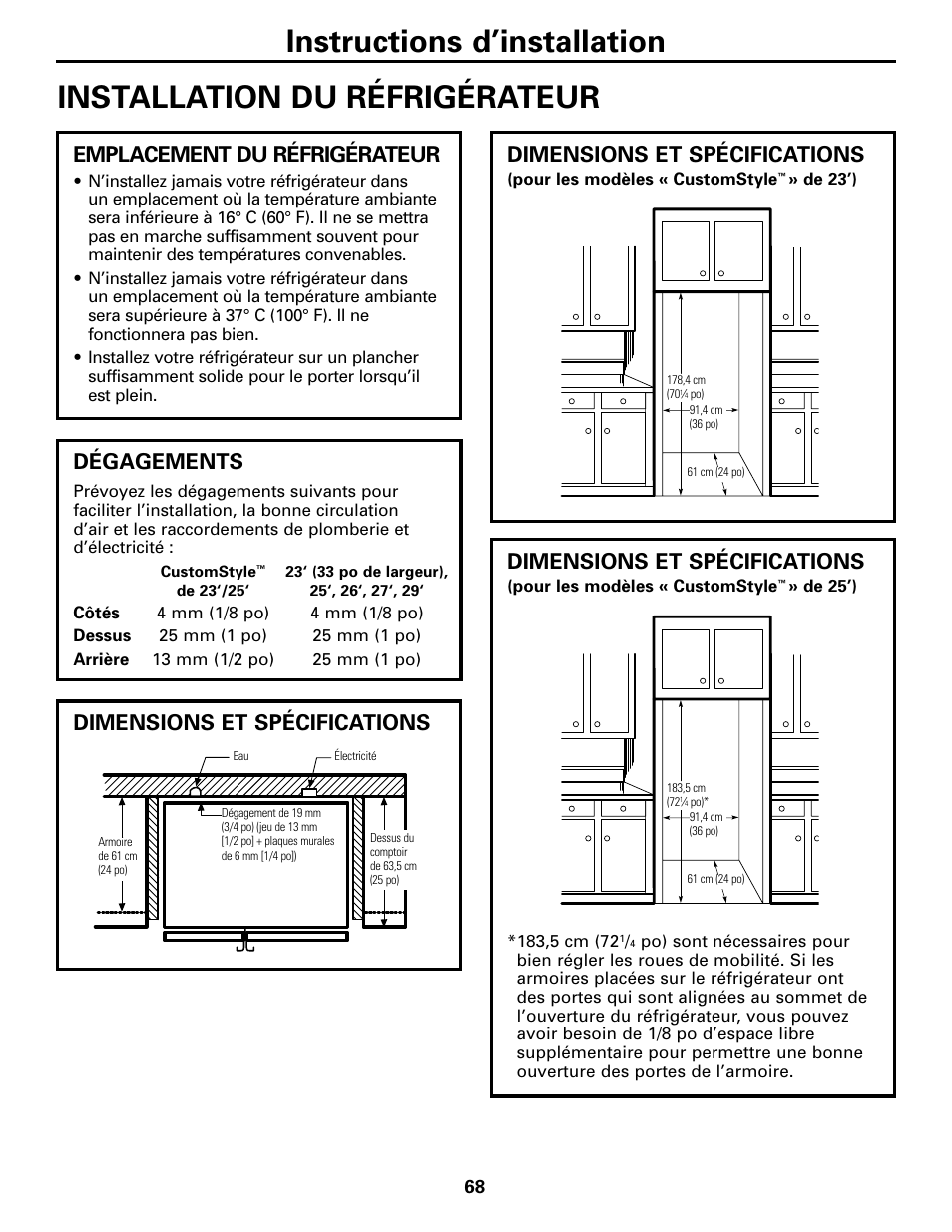 Installation du réfrigérateur, Installation du réfrigérateur –71, Dimensions et spécifications | Emplacement du réfrigérateur, Dégagements | GE 200D2600P043 User Manual | Page 68 / 124