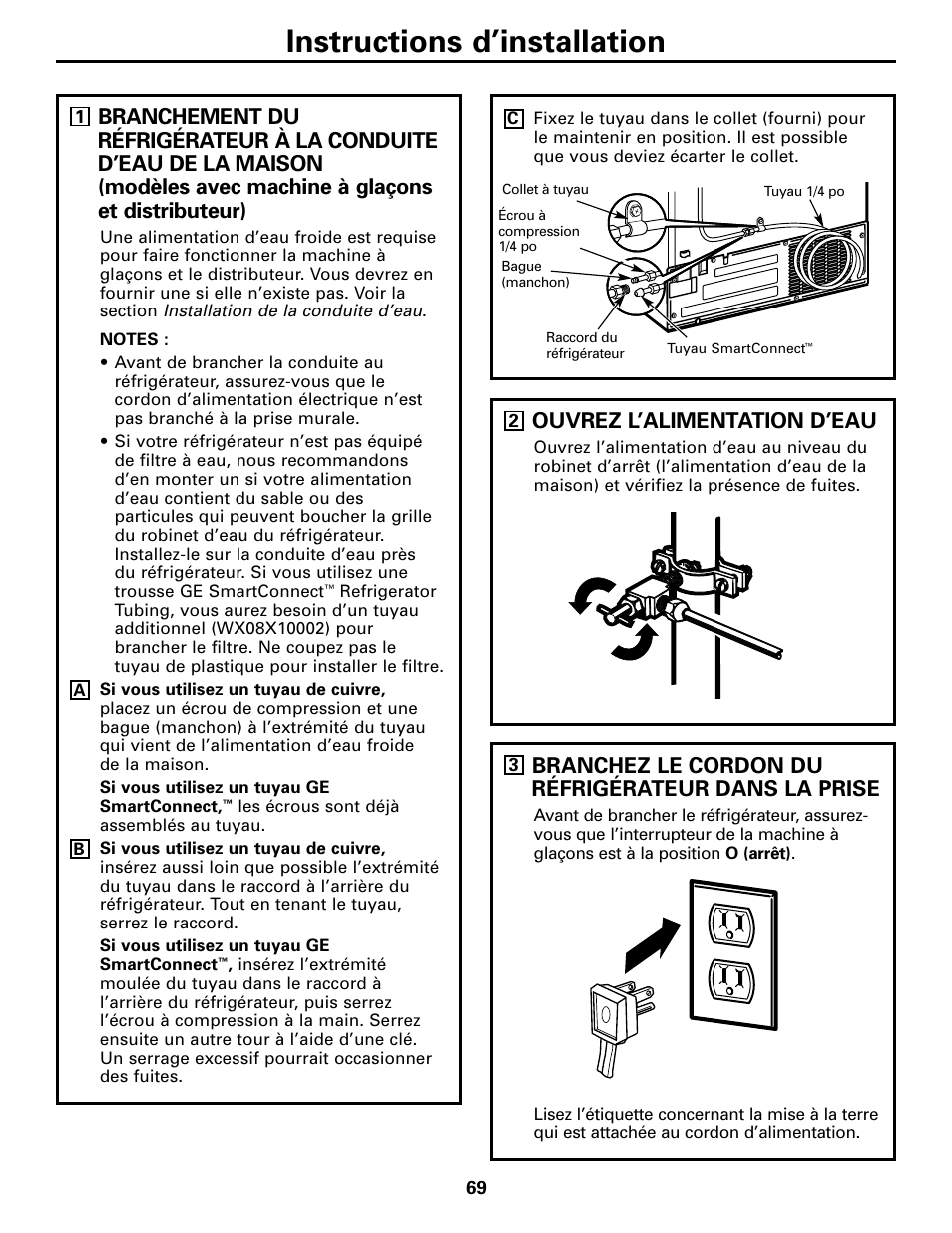 Instructions d’installation, Ouvrez l’alimentation d’eau, Branchez le cordon du réfrigérateur dans la prise | GE 200D2600P043 User Manual | Page 69 / 124