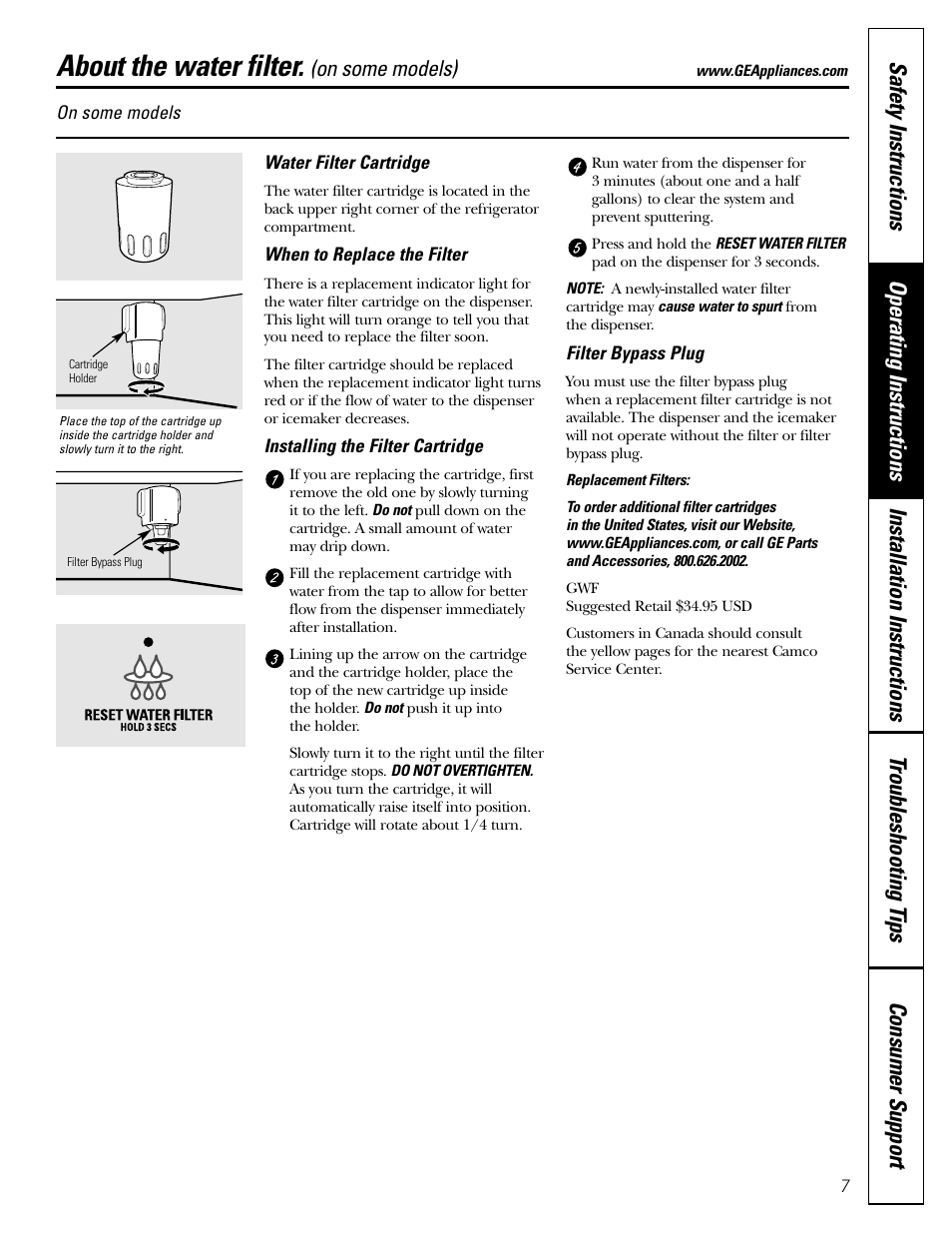 Water filter, About the water filter, On some models) | GE 200D2600P043 User Manual | Page 7 / 124