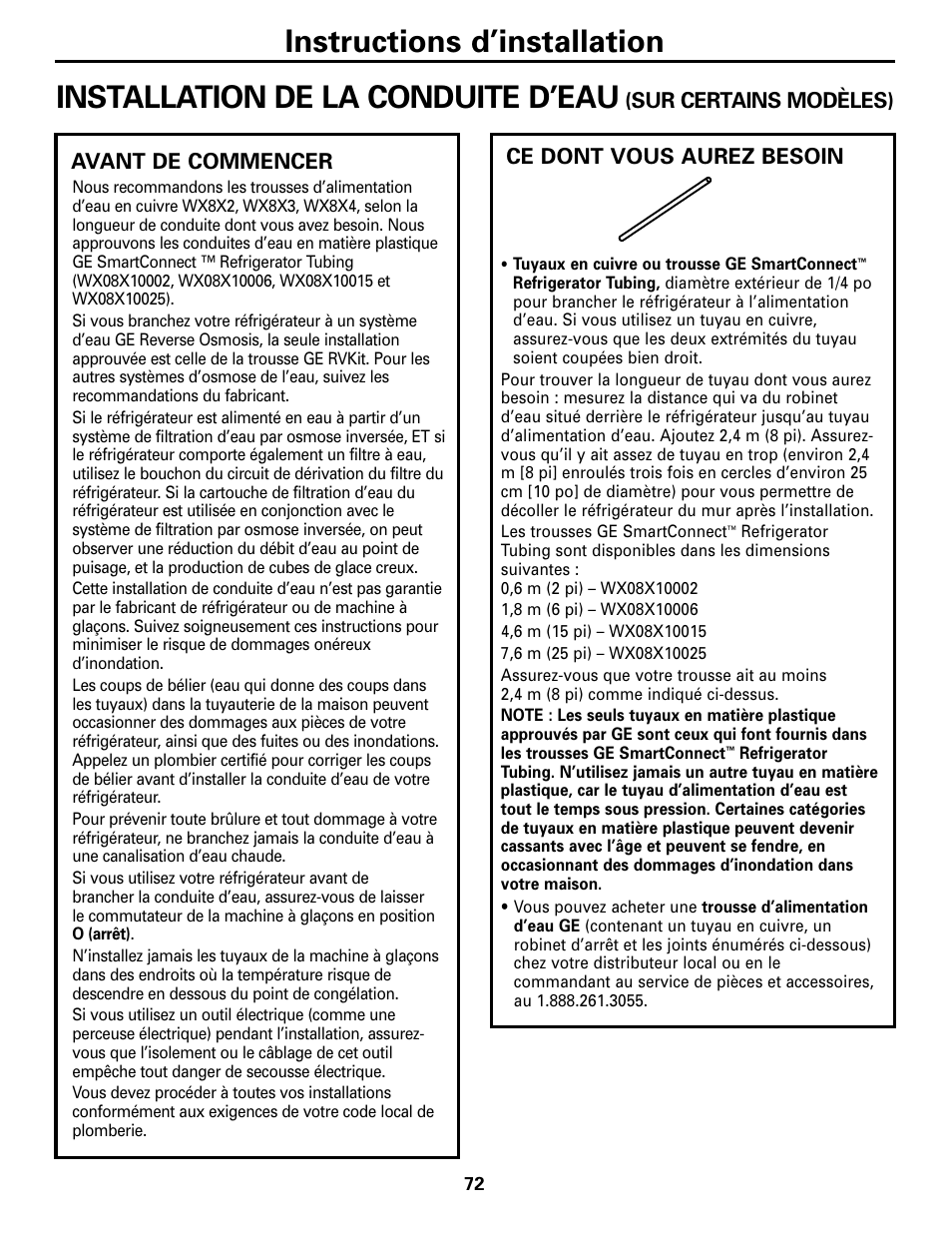 Installation de la conduite d’eau, Installation de la conduite d’eau –74, Instructions d’installation | GE 200D2600P043 User Manual | Page 72 / 124