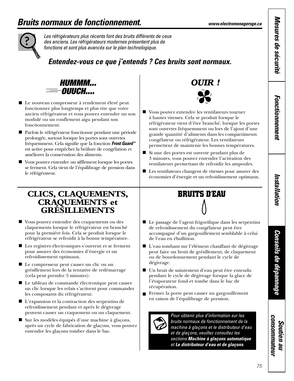 Conseils de dépannage, Bruits de fonctionnement normaux, Bruits normaux de fonctionnement | Hummm... ouuch, Clics, claquements, craquements et grésillements, Bruits d’eau, Ouir | GE 200D2600P043 User Manual | Page 75 / 124