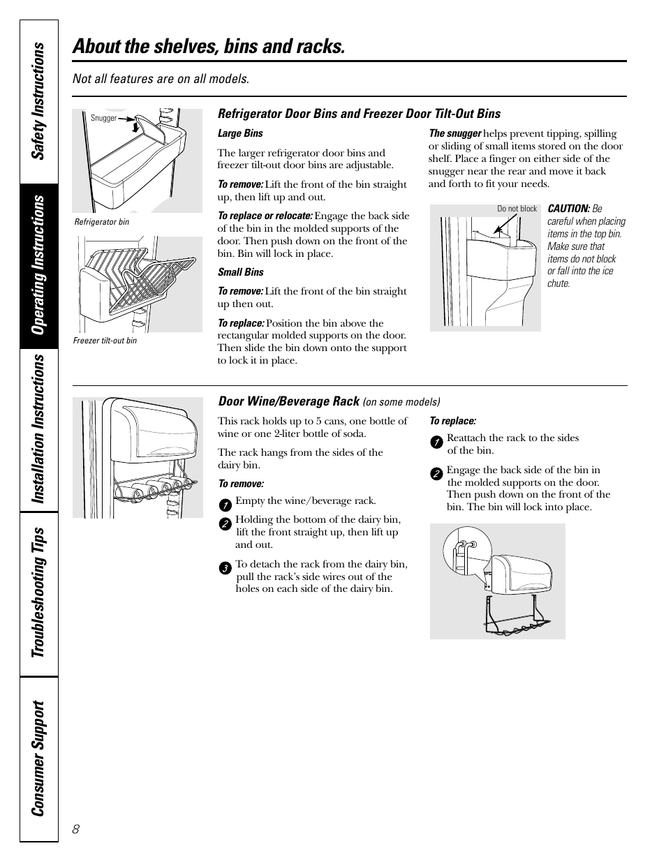 Shelves, bins and racks, Shelves, bins and racks , 9, About the shelves, bins and racks | GE 200D2600P043 User Manual | Page 8 / 124