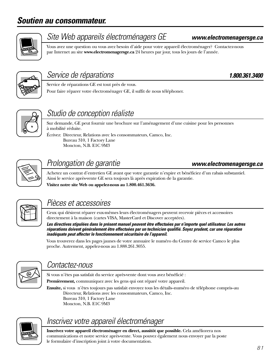 Soutien au consommateur, Inscrivez votre appareil électroménager, Service de réparations | Studio de conception réaliste, Prolongation de garantie, Pièces et accessoires, Contactez-nous | GE 200D2600P043 User Manual | Page 81 / 124